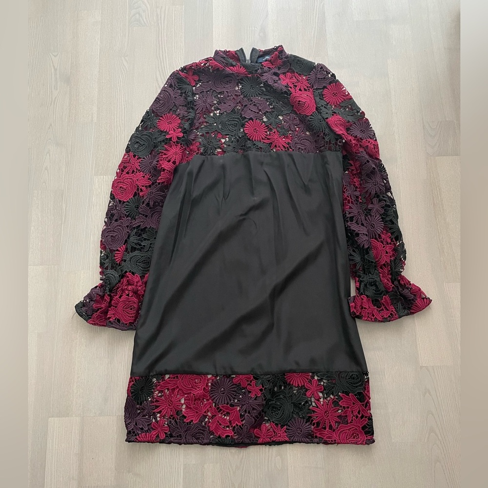 French Connection Intermix Satin and Crochet Dress w/ Romantic Sleeves